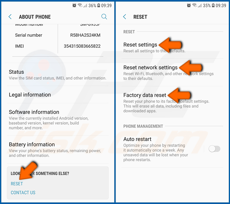 Ripristino delle impostazioni predefinite del sistema operativo Android (passaggio 2)