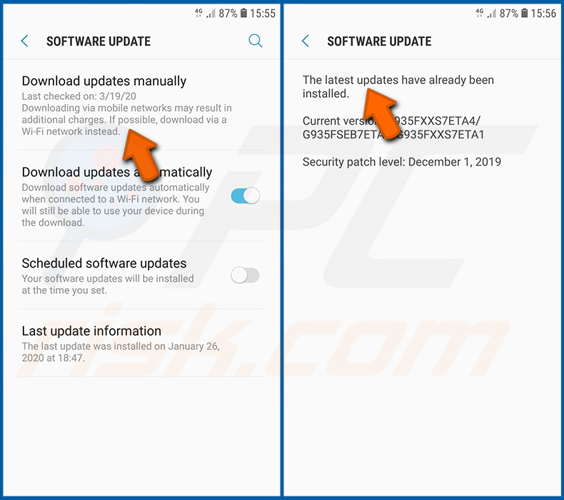 Installazione degli aggiornamenti software nel sistema operativo Android (passaggio 2)
