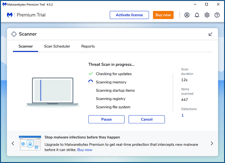 Scansione del sistema di Malwarebytes Premium