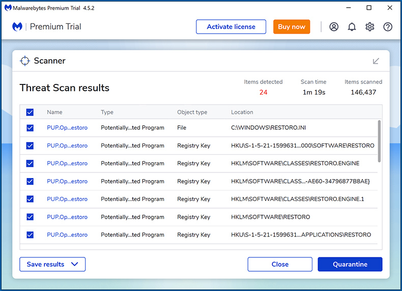 Malwarebytes Premium risultati della scansione
