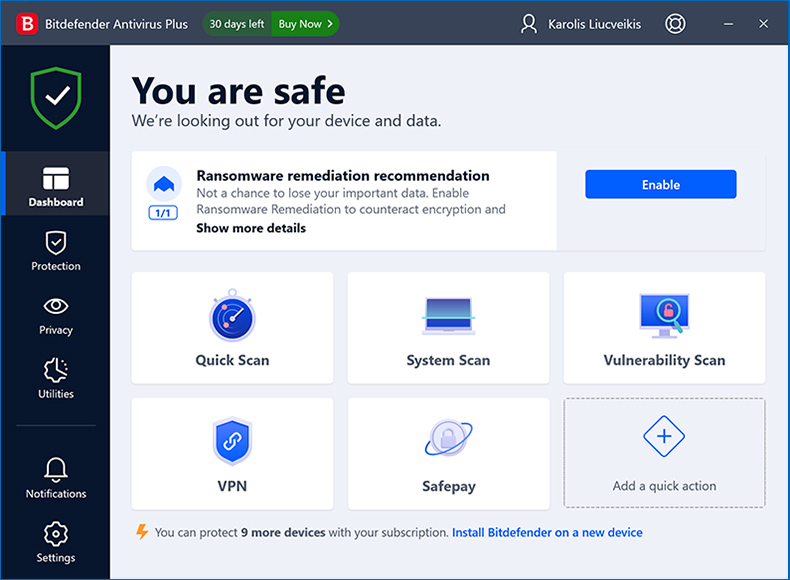 Finestra iniziale di Bitdefender Antivirus Plus