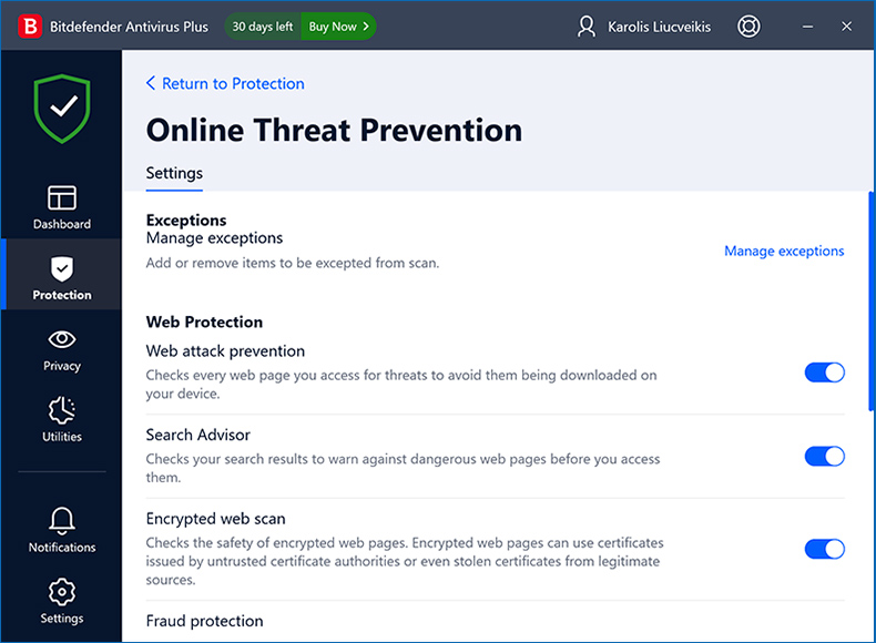 Protezione dalle minacce online di Bitdefender Antivirus Plus