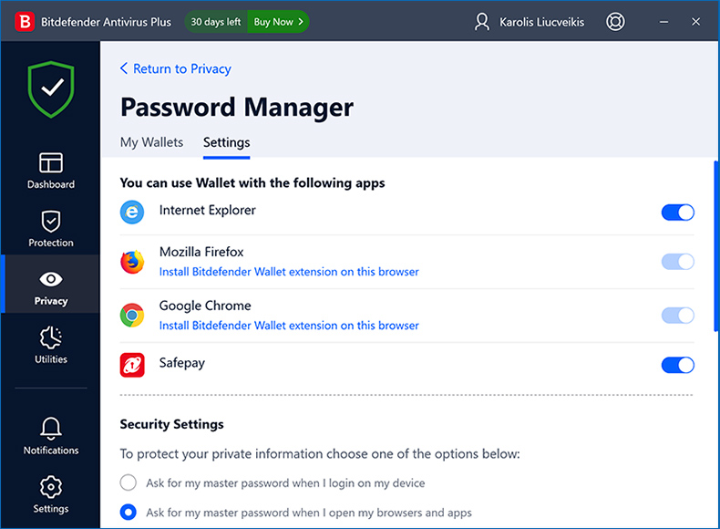Gestore di password di Bitdefender Antivirus Plus
