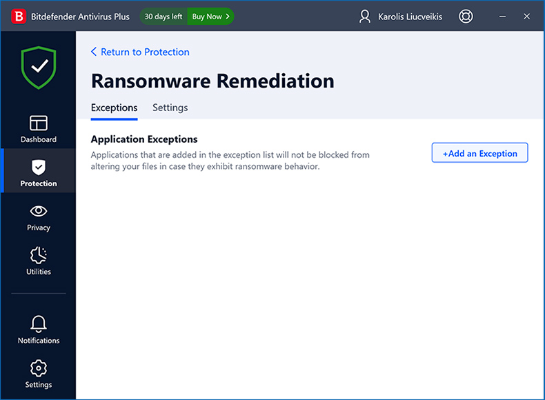 Protezione ransomware Bitdefender Antivirus Plus