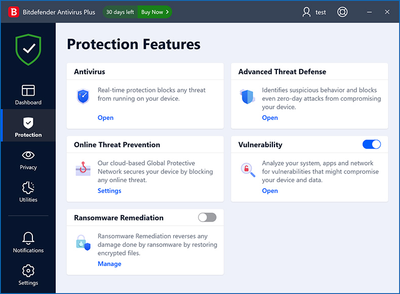 Funzionalità di protezione di Bitdefender Antivirus Plus