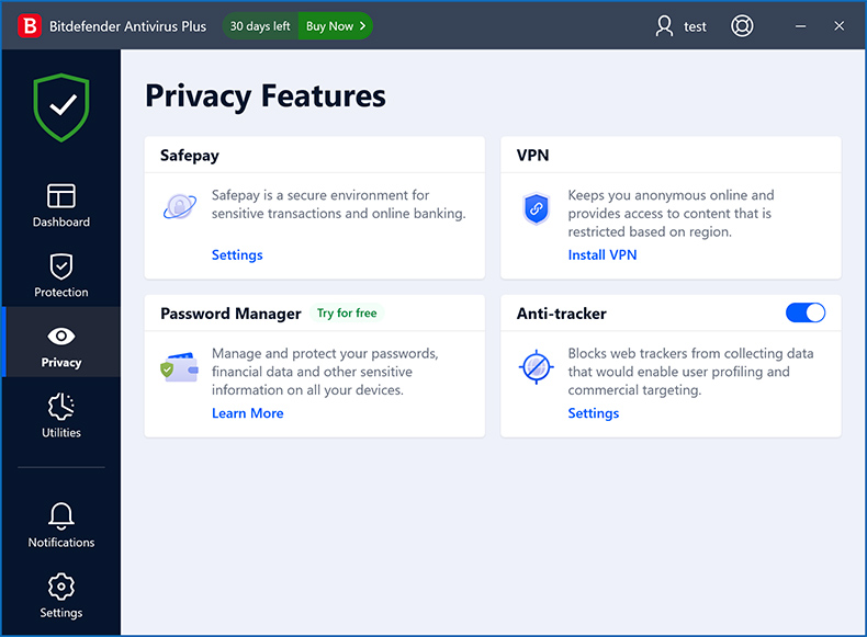 Caratteristiche della privacy di Bitdefender Antivirus Plus