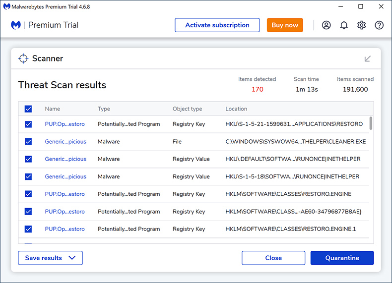 Risultati della scansione di Malwarebytes Premium 2024