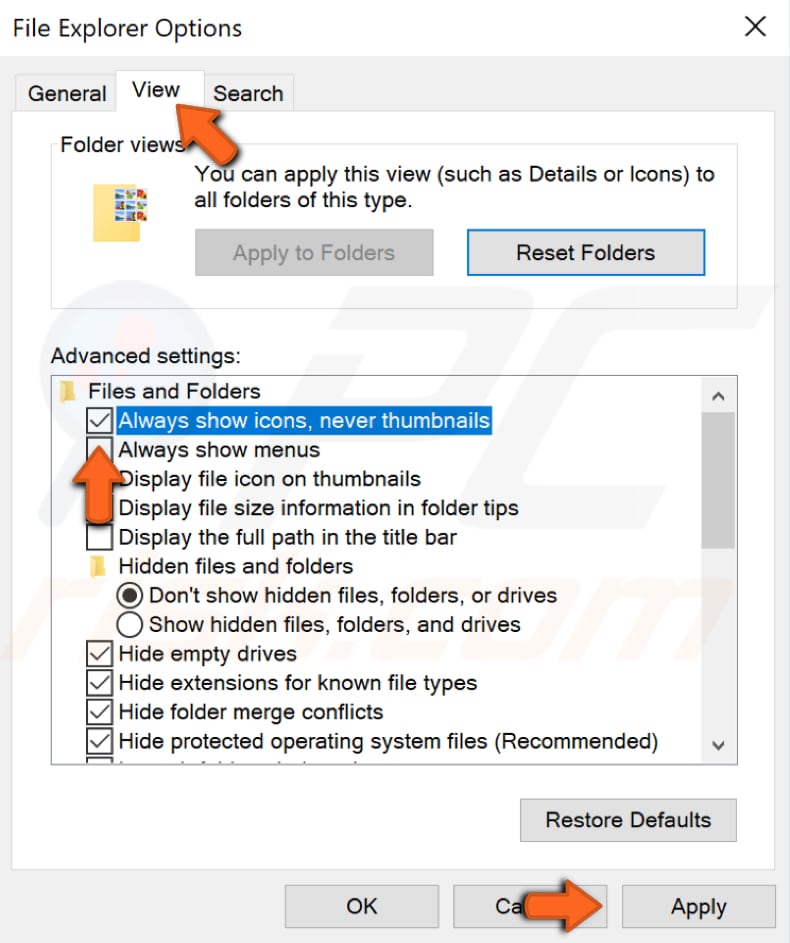 disabilitare le miniature utilizzando le opzioni di Esplora file passaggio 2