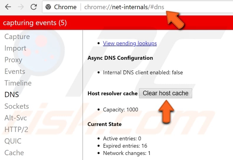 cancellare la cache dell'host di Chrome passaggio 2