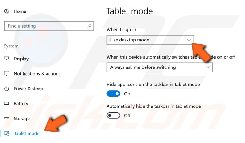 disabilitare la modalità tablet passaggio 3