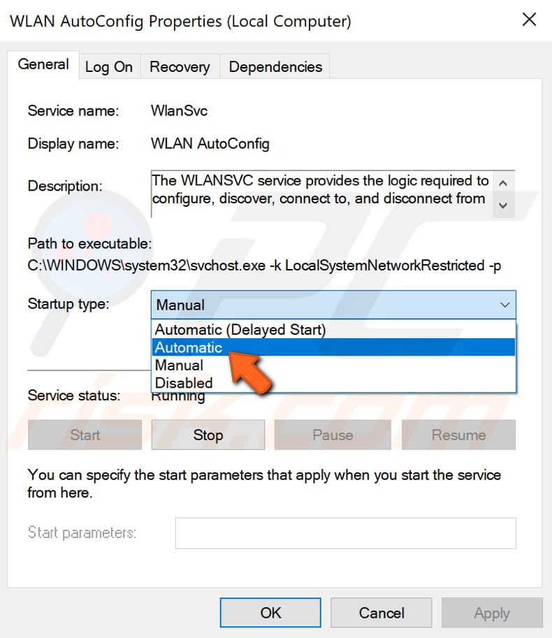 cambia il tipo di avvio del servizio wlan autoconfig passaggio 3