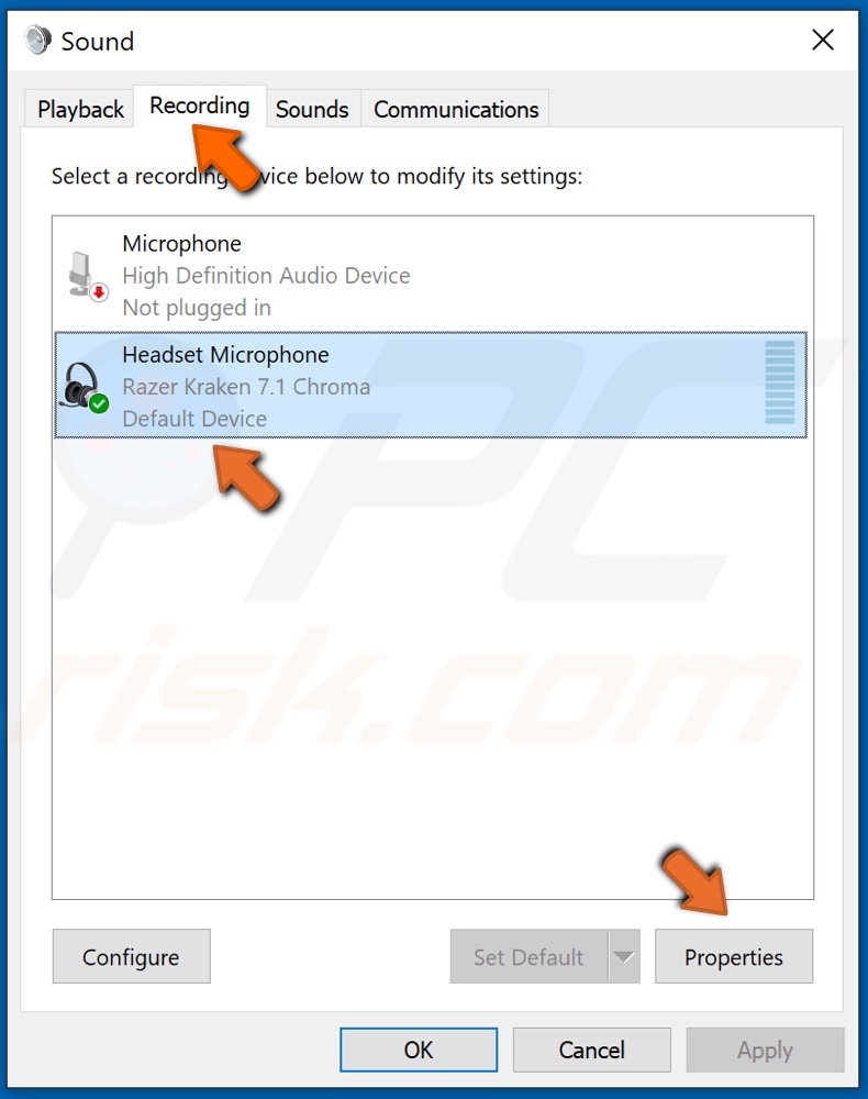 Seleziona il tuo microfono/auricolare e fai clic su Proprietà