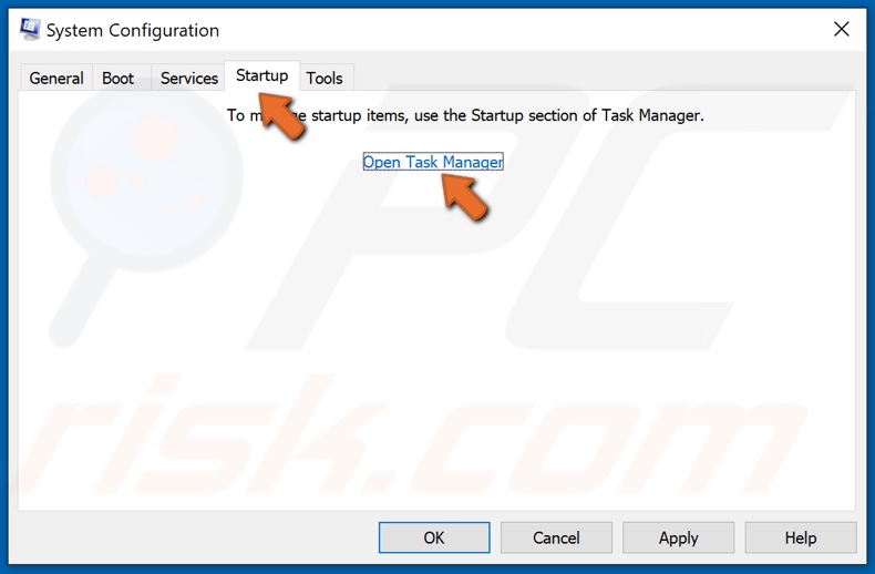 Vai alla scheda Avvio e fai clic su Apri Task Manager