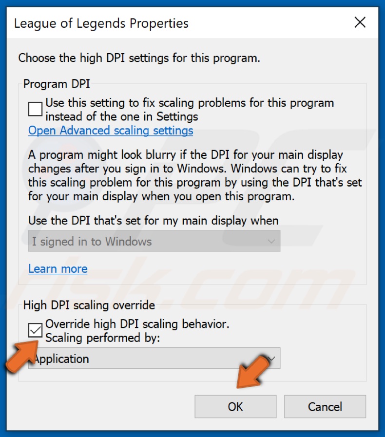 Seleziona la casella di controllo Sostituisci ridimensionamento DPI elevato e fai clic su OK