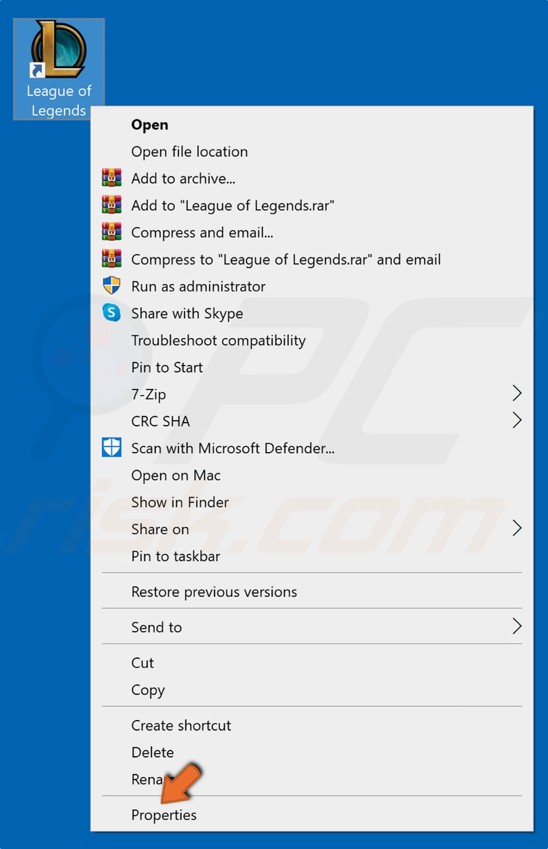 Fai clic con il pulsante destro del mouse sull'icona di League of Legends e fai clic su Proprietà