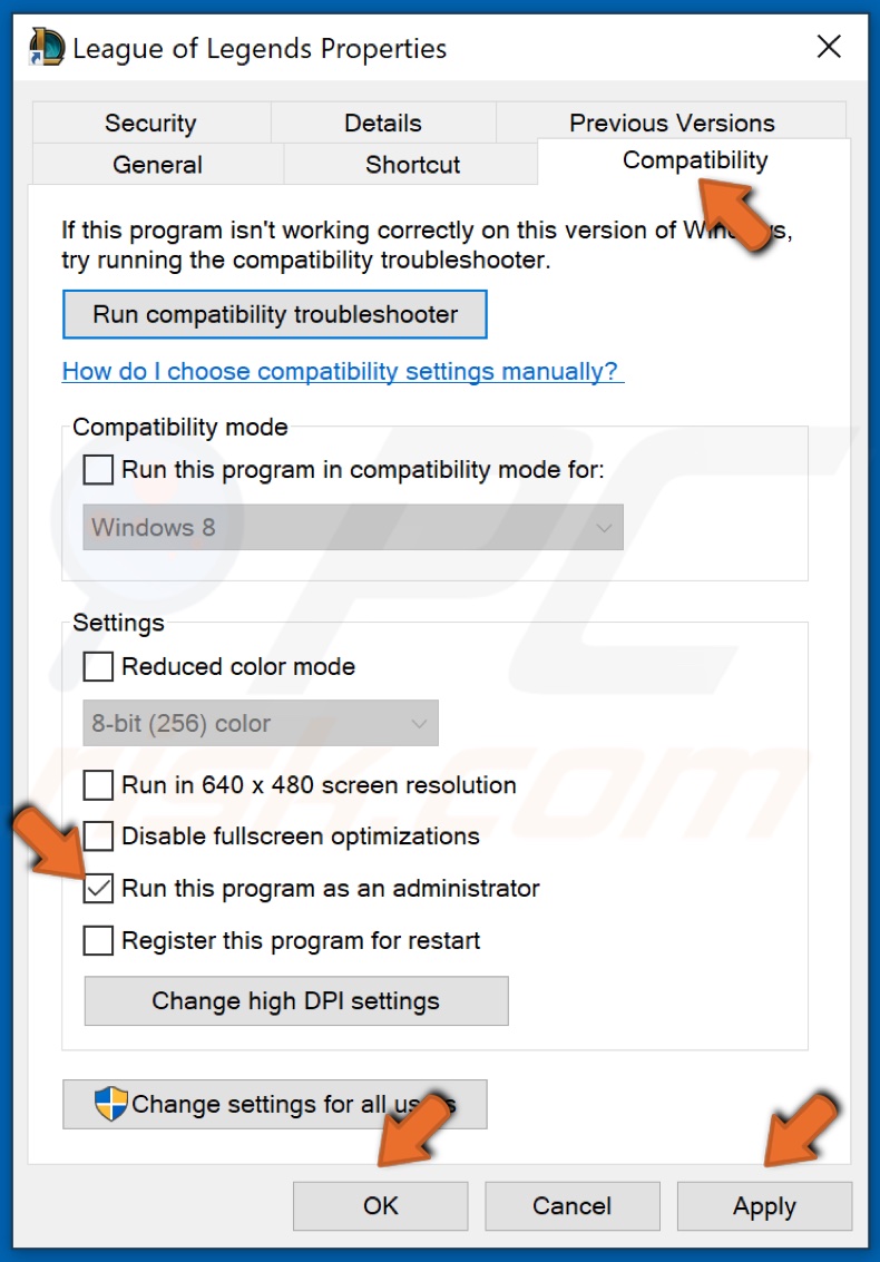 Seleziona Esegui questo programma come amministratore e fai clic su OK