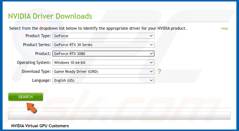 Seleziona la tua scheda grafica Nvidia e fai clic su Cerca