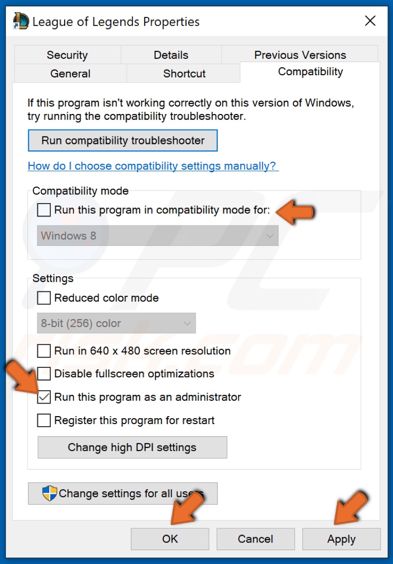 Deseleziona Esegui questo programma in modalità compatibilità e seleziona Esegui questo programma come amministratore e fai clic su OK