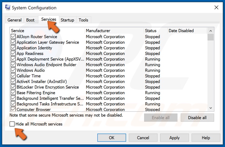 Assicurati che tutti i servizi Microsoft siano visibili