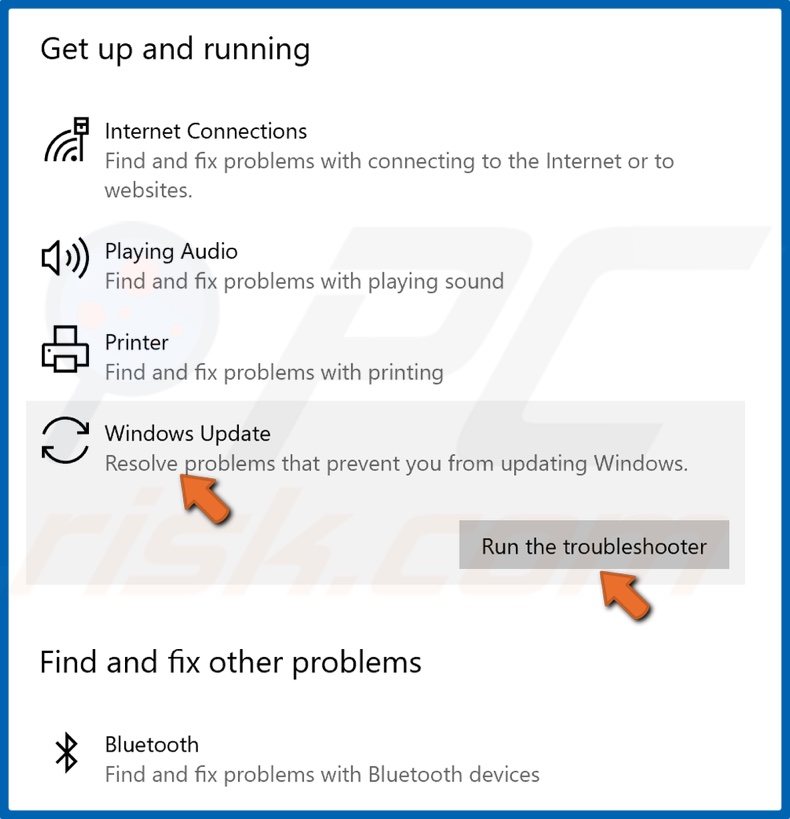 Seleziona Windows Update ed esegui lo strumento di risoluzione dei problemi