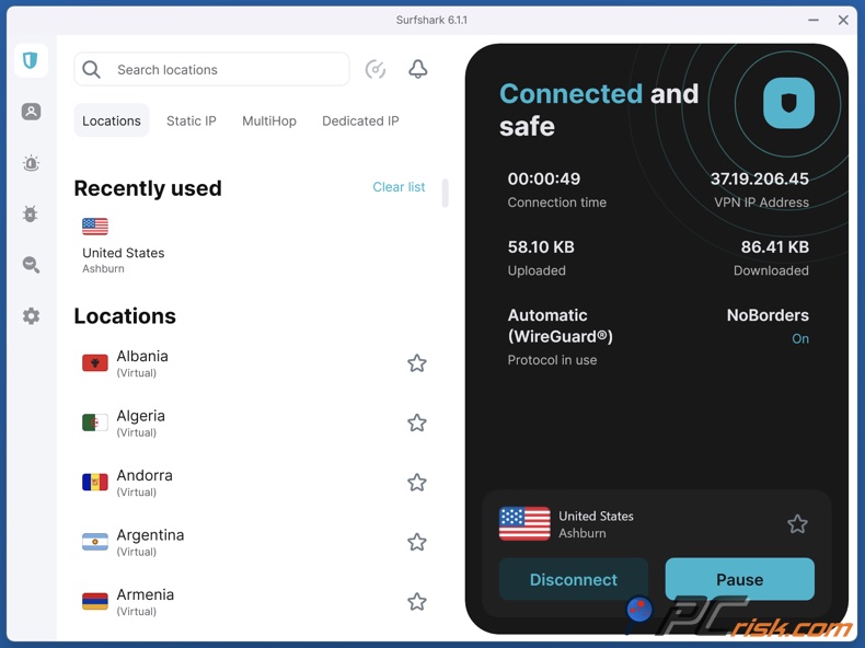 Dashboard di Surfshark