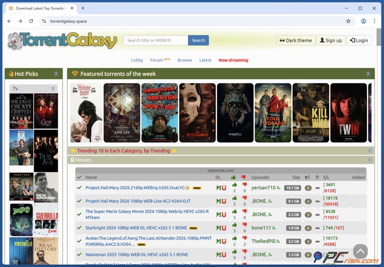 Homepage di TorrentGalaxy
