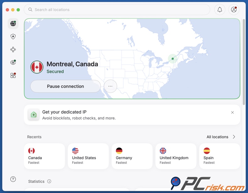 NordVPN connesso al Canada