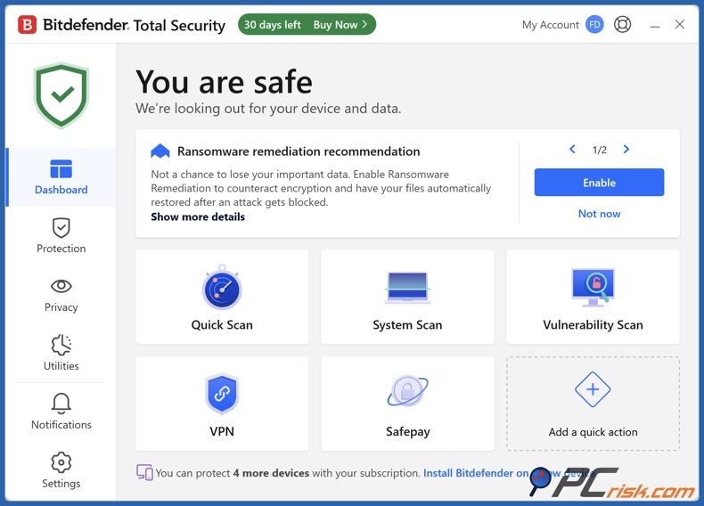 Dashboard di Bitdefender