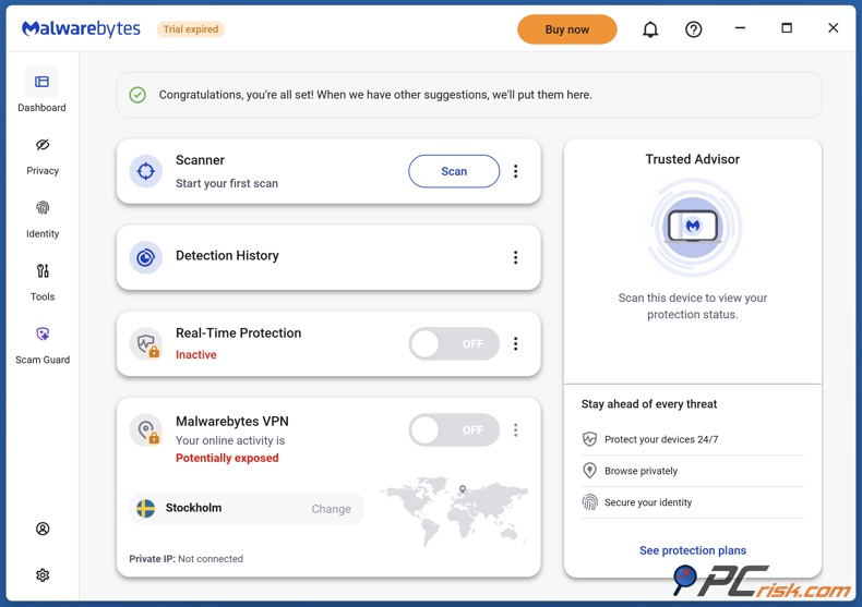 Dashboard di Malwarebytes