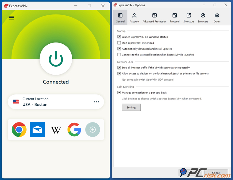 Dashboard di ExpressVPN