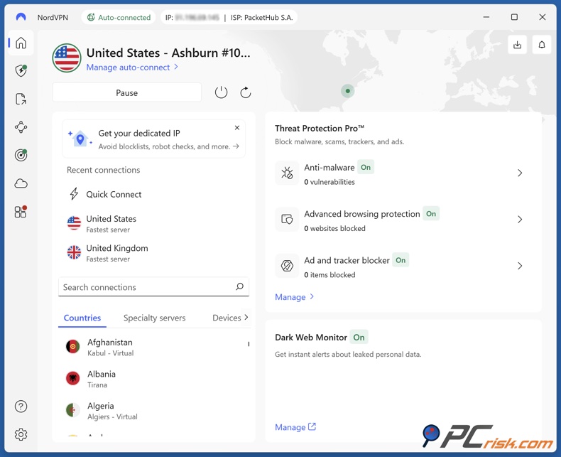 Dashboard di NordVPN