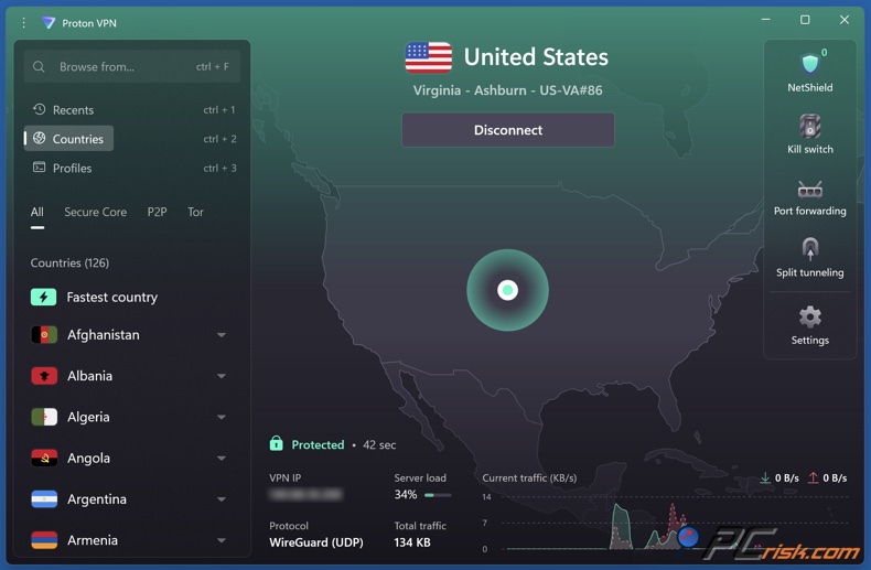 Dashboard di Proton VPN
