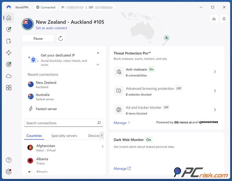 NordVPN connesso alla Nuova Zelanda