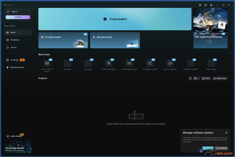 Pannello di controllo di CapCut per Windows