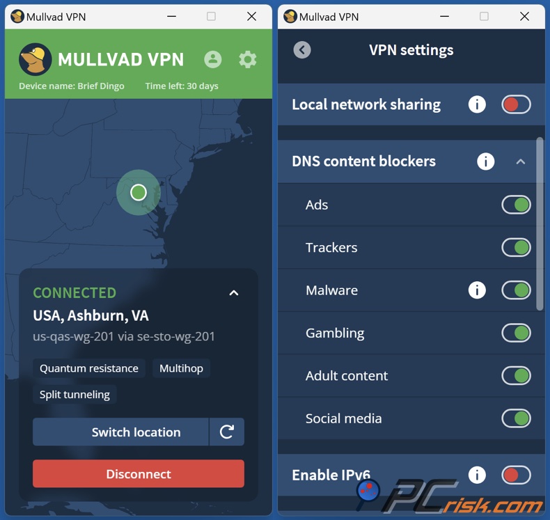 Dashboard di Mullvad