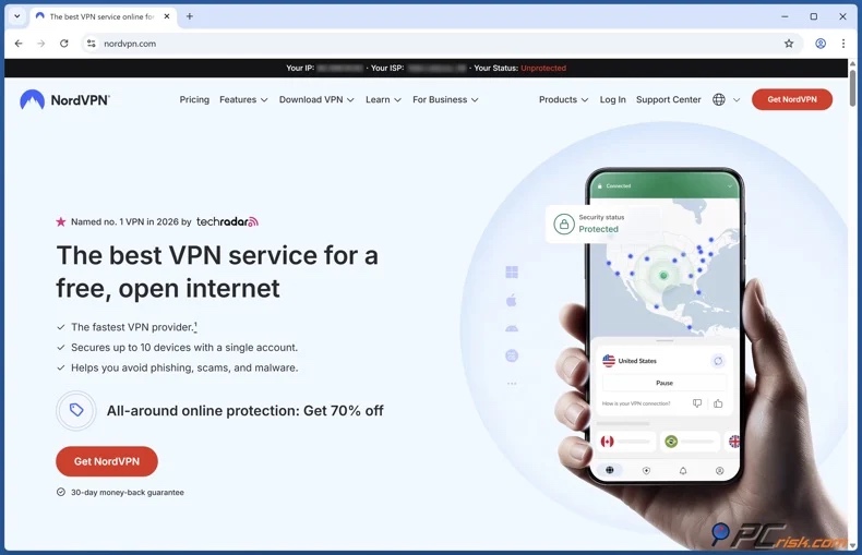 Homepage di NordVPN