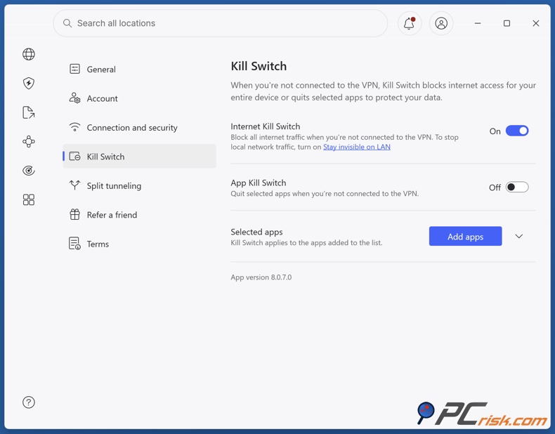 Abilitare il kill switch di NordVPN