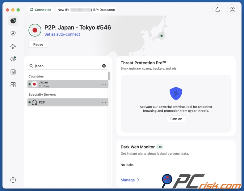 NordVPN connesso al Giappone