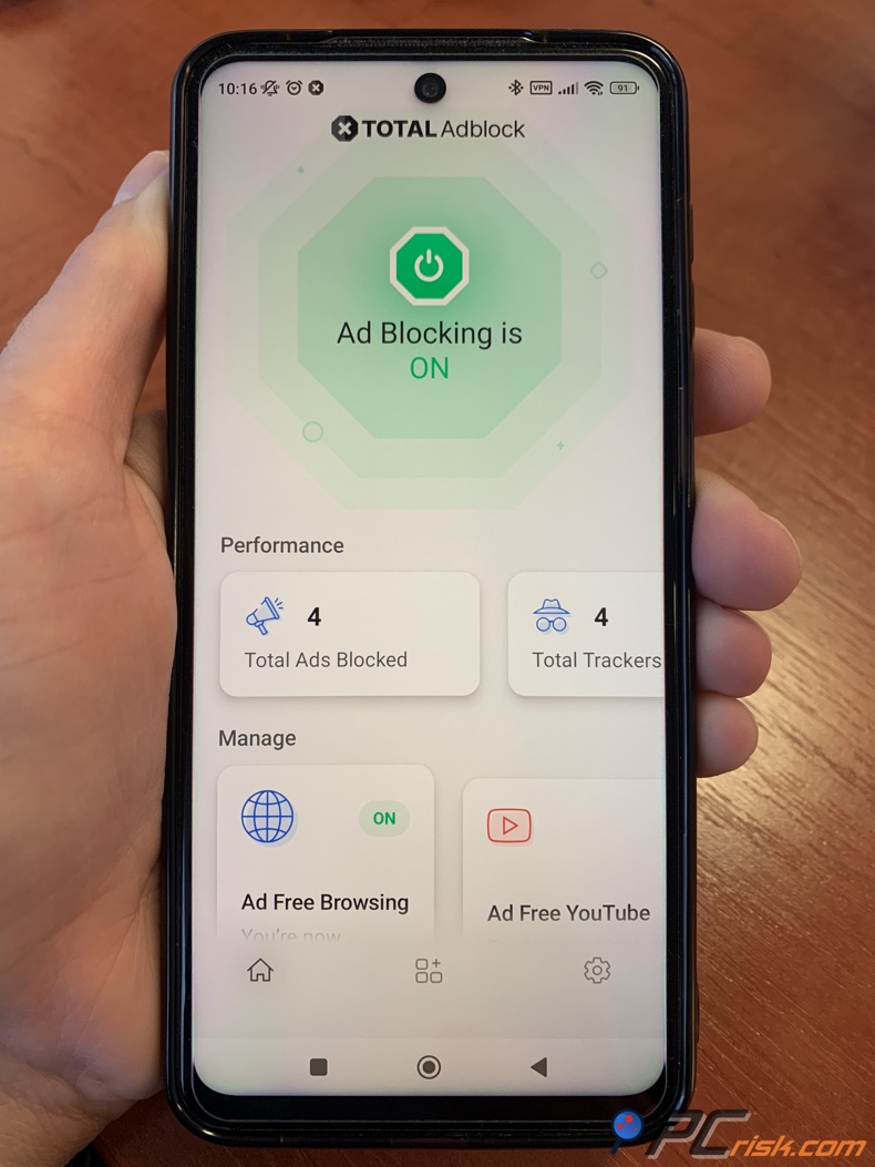 schermata principale di Total Adblock su Android