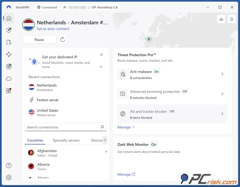 NordVPN connesso ai Paesi Bassi