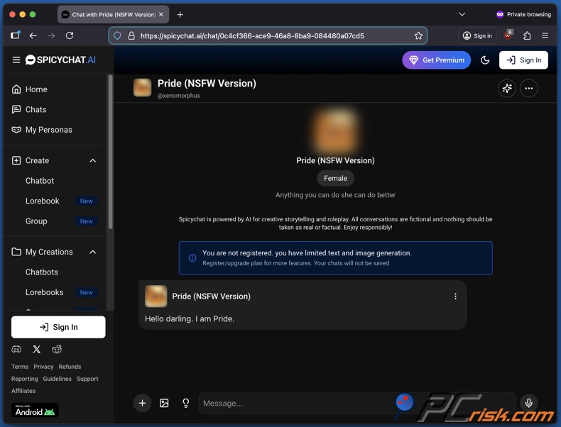 Spicy Chat AI accesso non registrato