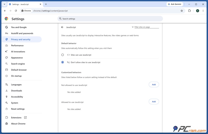 Impostazioni JavaScript di Chrome