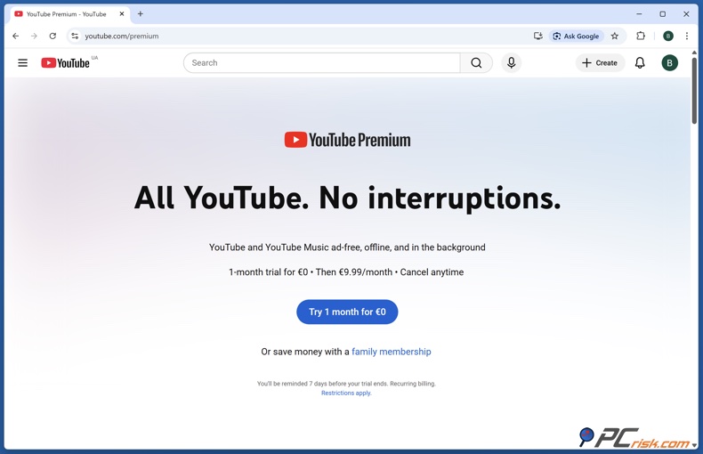 Pagina principale di YouTube Premium