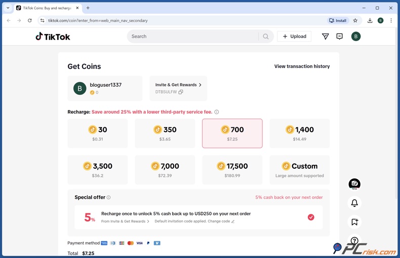 TikTok Coin ricarica