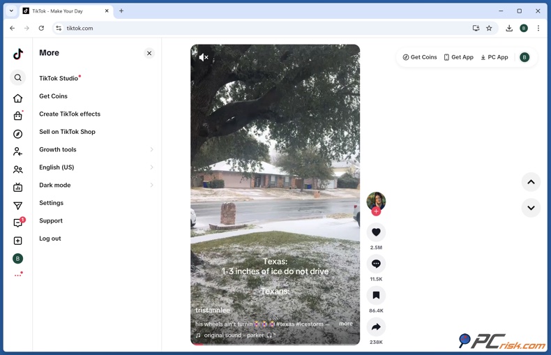 Menu laterale di TikTok e pulsante Ottieni monete