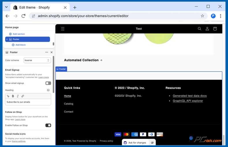 Opzioni di pagamento nel footer di Shopify