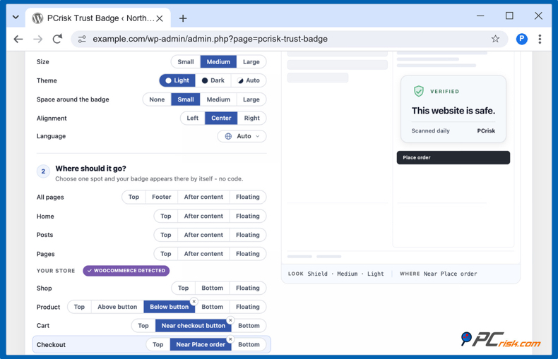 Impostazioni del badge di fiducia per WooCommerce