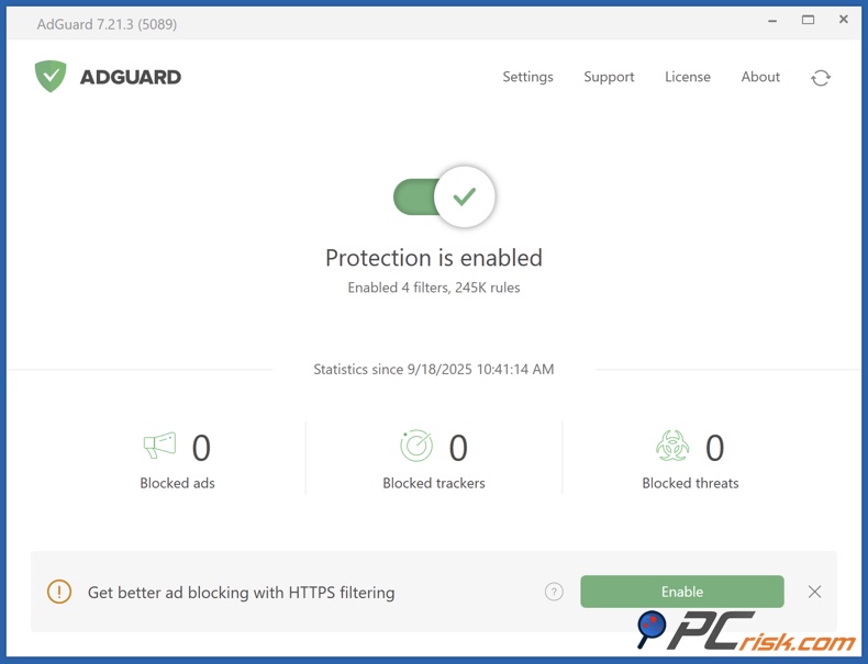 Dashboard dell'app AdGuard per Windows