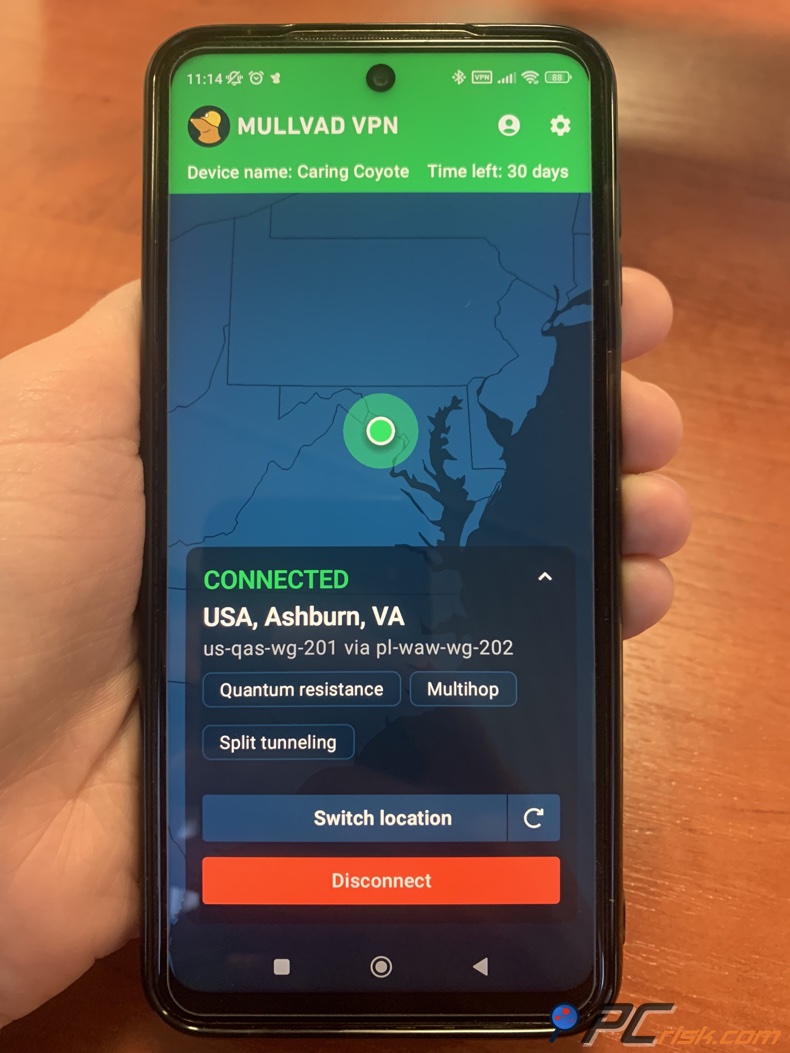 Dashboard di Mullvad VPN per Android