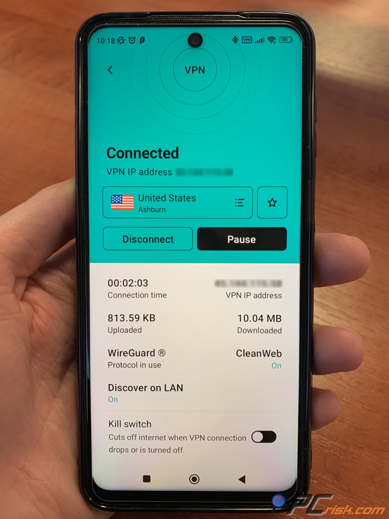 Dashboard di Surfshark per Android